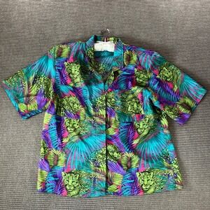 Petite Notations Vintage Leopard‎ Tropical Palm Print Button Up Shirt Neon Sz 14